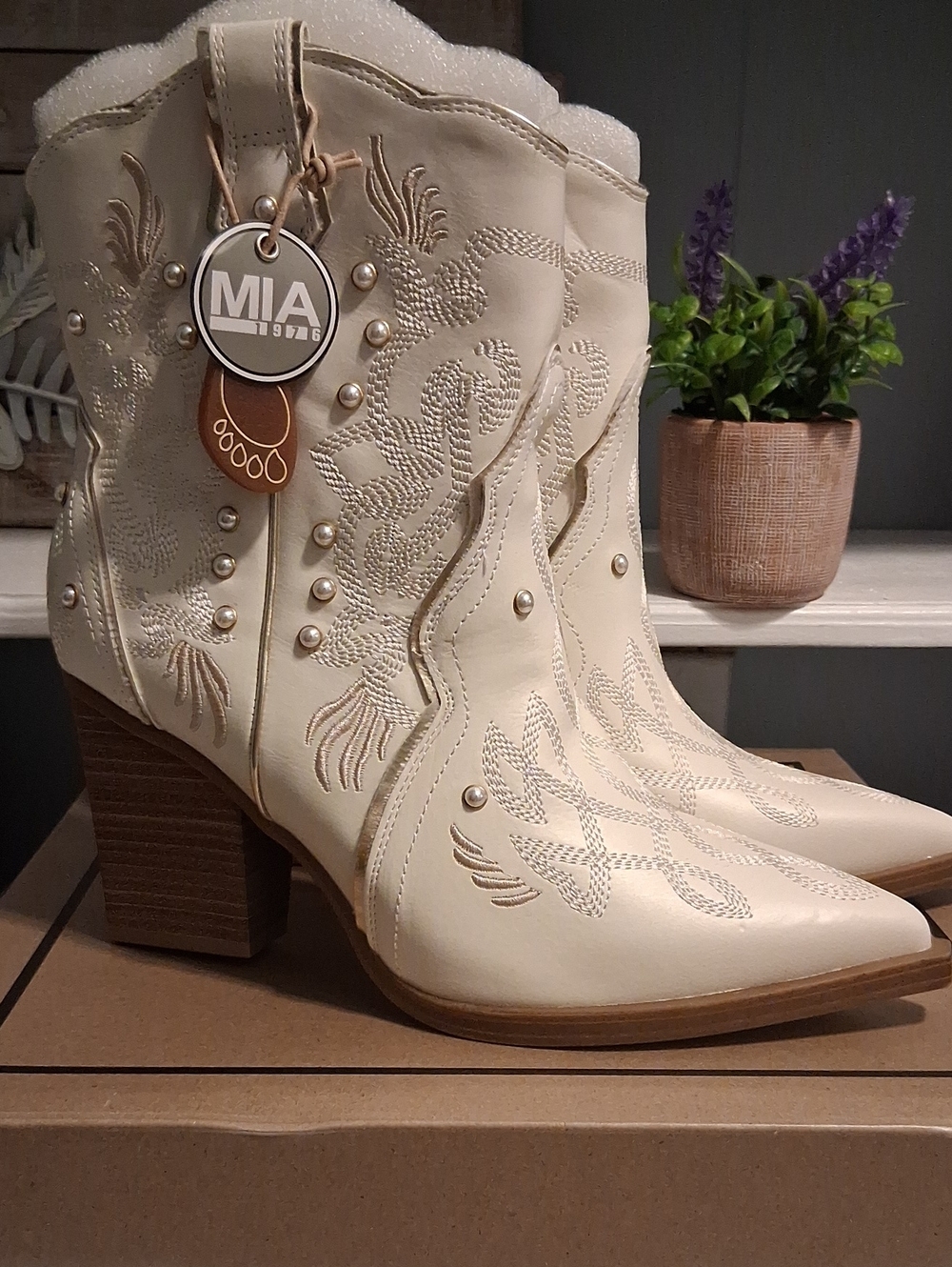 MIA Cream Western Embroidered Ankle Boots with Stud Accents